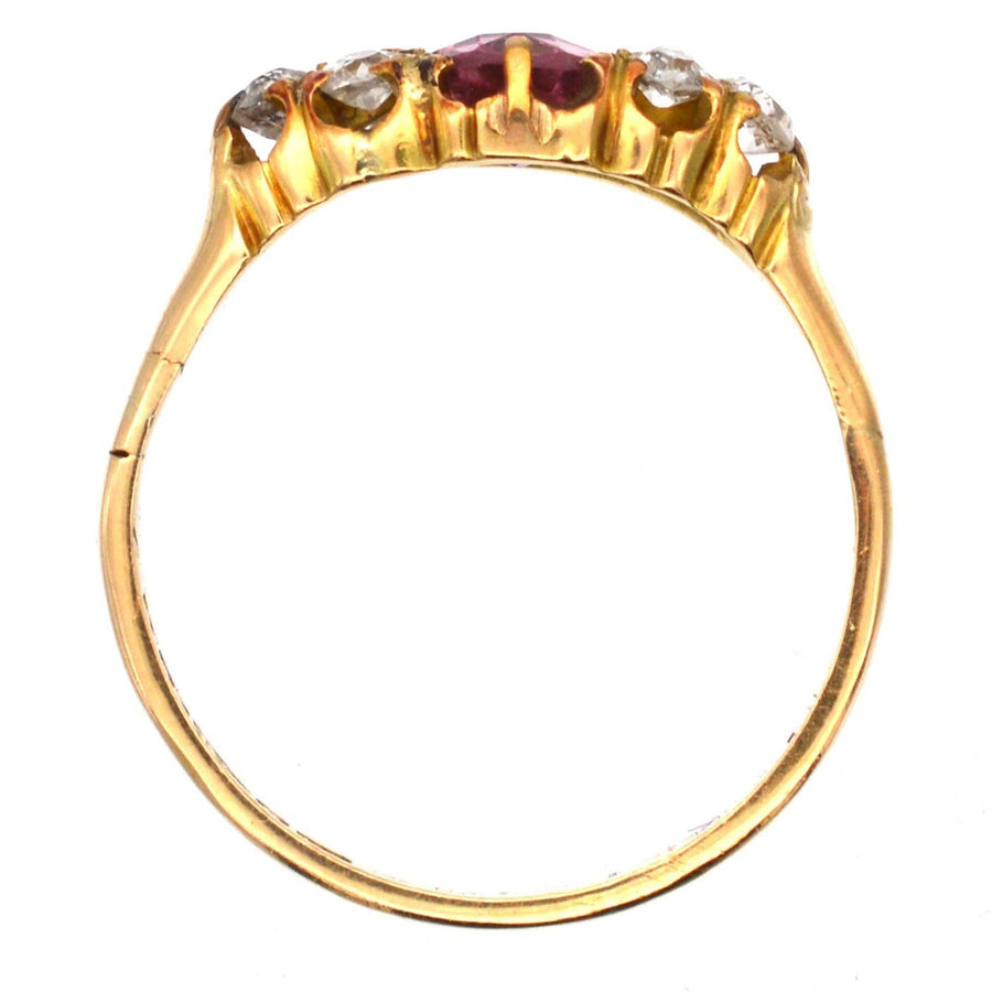 Late Victorian 18ct gold ring featuring pink tourmaline and old-cut diamonds, crafted circa 1890-1900.