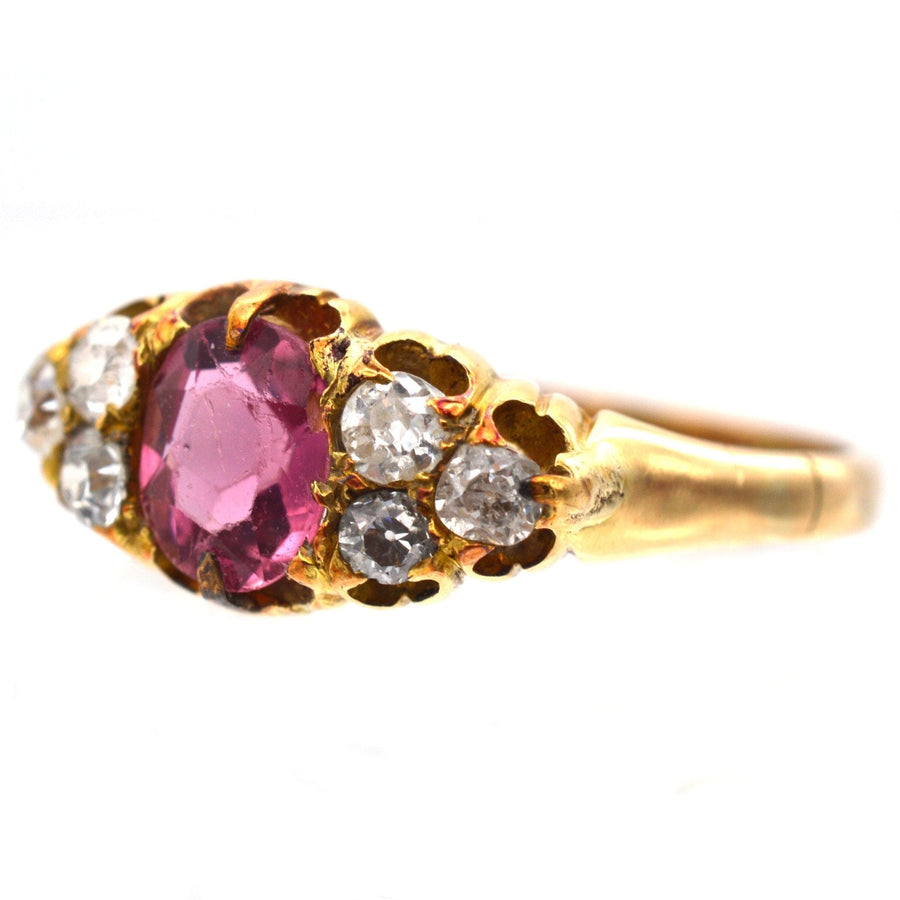 Late Victorian 18ct gold ring featuring pink tourmaline and old-cut diamonds, circa 1890-1900.