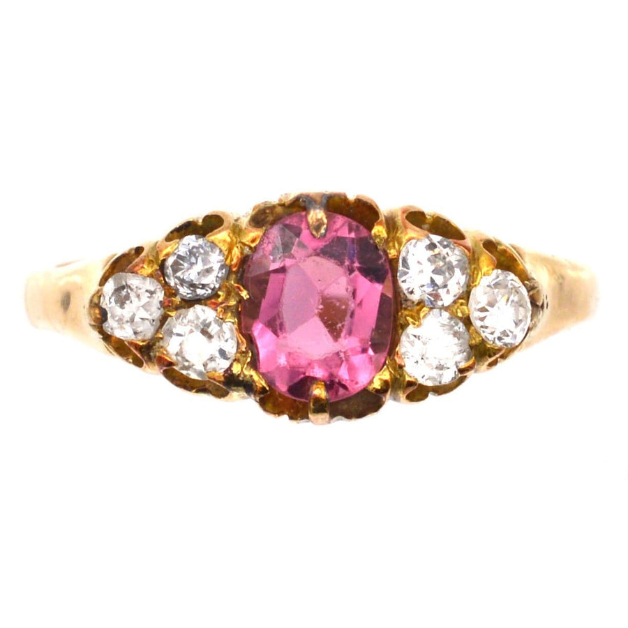 Late Victorian 18ct gold ring featuring a pink tourmaline and old cut diamonds, circa 1890-1900.