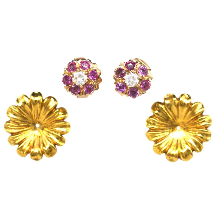 Mid century 14ct gold ruby and diamond cluster earrings with detachable flower petal jackets.