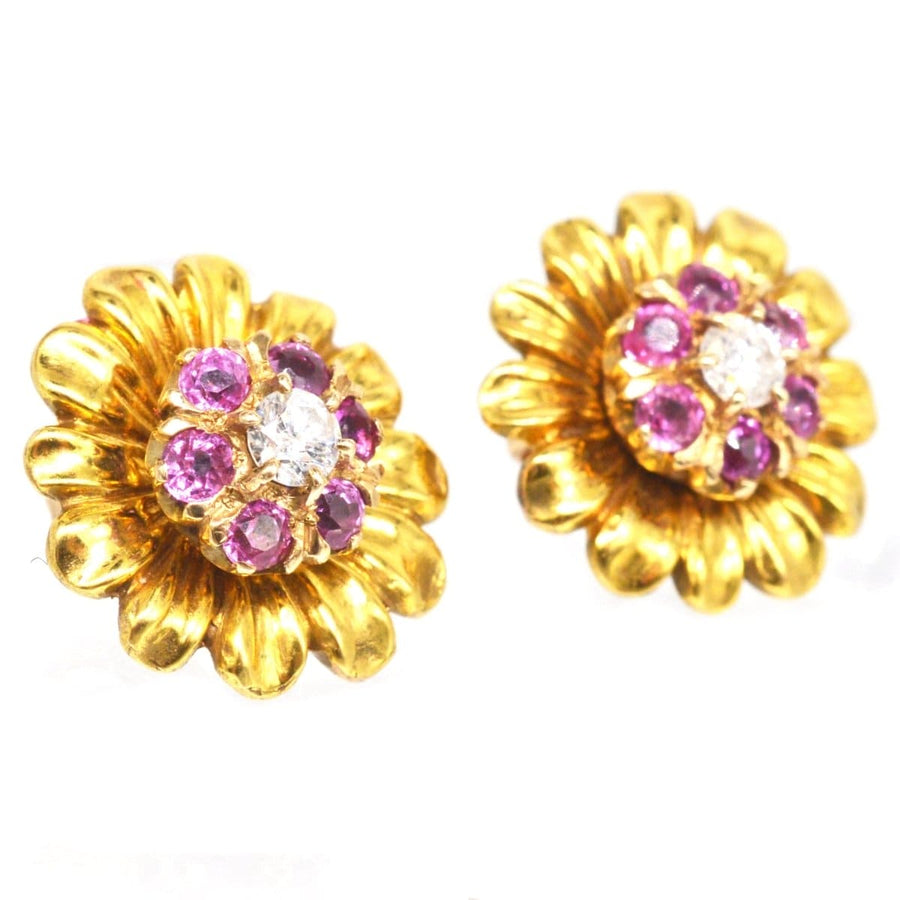 Mid Century 14ct gold earrings with ruby and diamond cluster in detachable flower petal design.