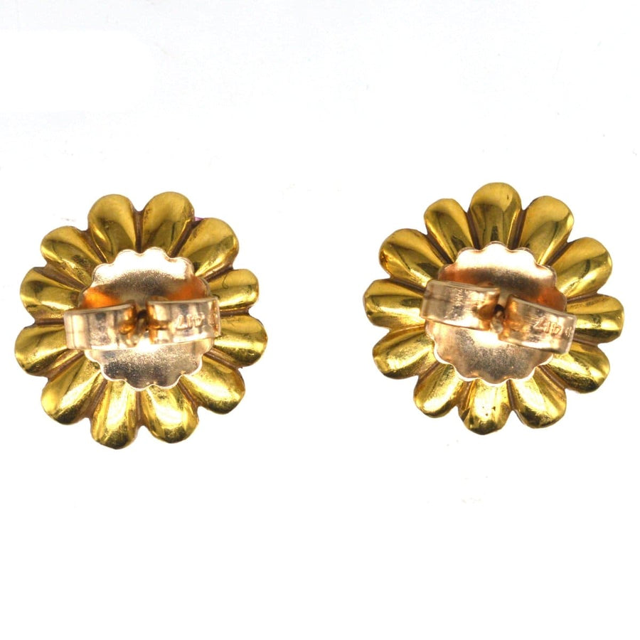 Detachable gold flower petal jackets for mid century ruby and diamond cluster earrings, showcasing elegant design.