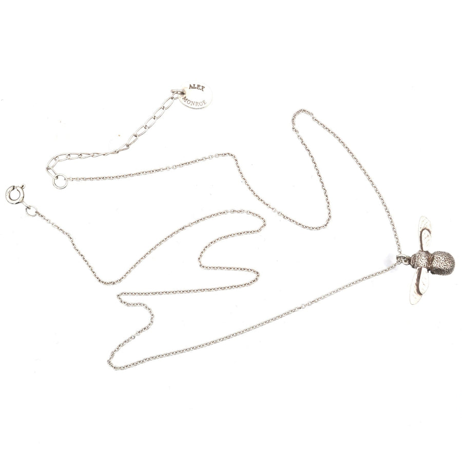 Modern Alex Monroe silver bumble bee pendant necklace on chain, handmade in England, iconic British jewelry.