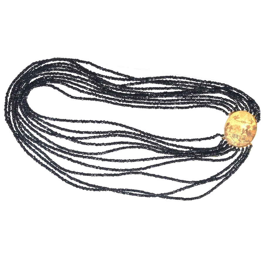 Rare Georgian 9ct gold clasp necklace with multi-strands and pastoral scene, featuring Vauxhall Glass beads.