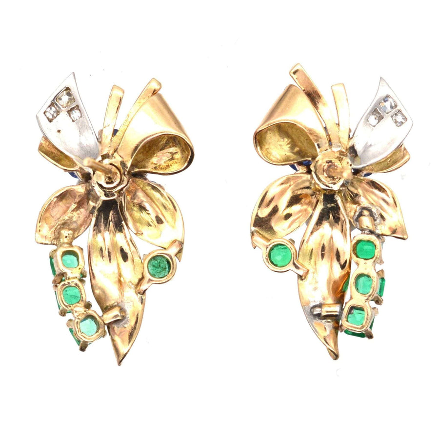 Retro 1940s 18ct gold Tutti Frutti earrings with emeralds, diamonds, and sapphires in a floral design.