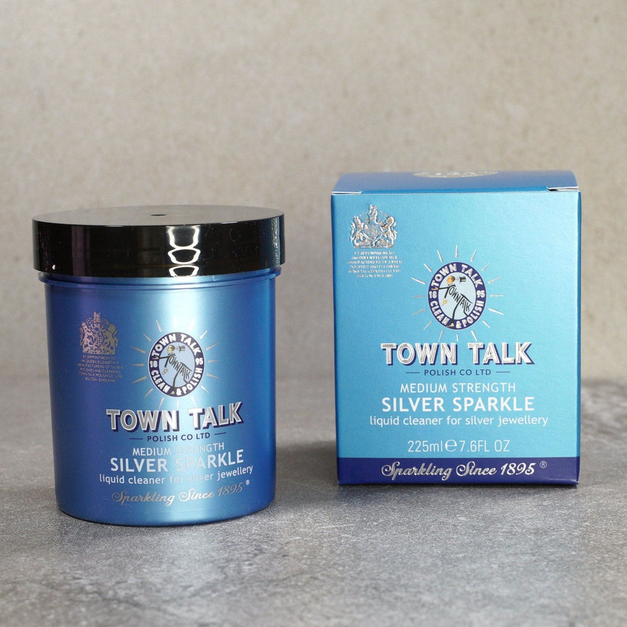 Town Talk Polish Co Silver Sparkle jewellery cleaner jar and box for effective silver cleaning.