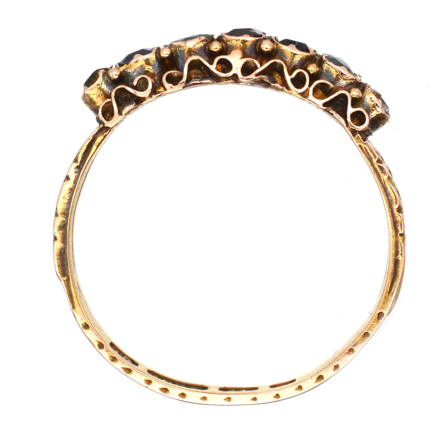 Victorian 15ct Gold Acrostic Ring with colorful gemstones spelling 'Dearest', crafted in Birmingham, 1873.