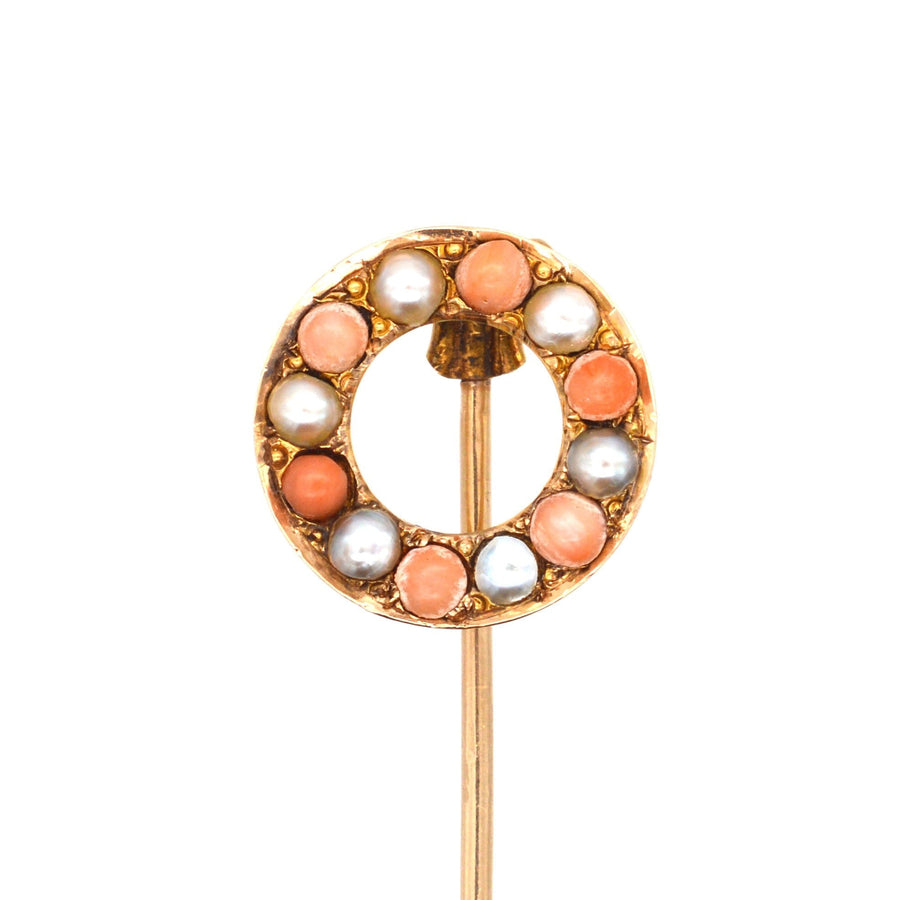 Victorian 18ct gold coral and natural pearl racing finishing post tie pin, perfect gift for racing enthusiasts.