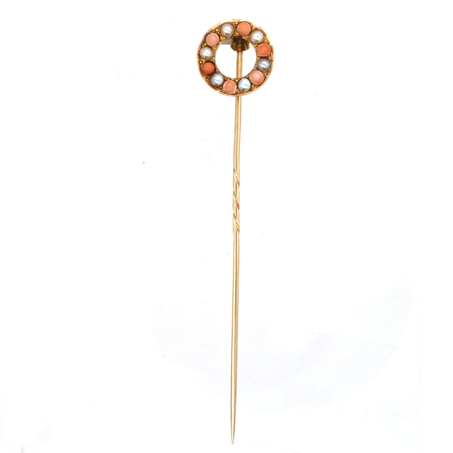 Victorian 18ct gold stickpin featuring coral and natural split pearl, designed as a horse racing finishing post.