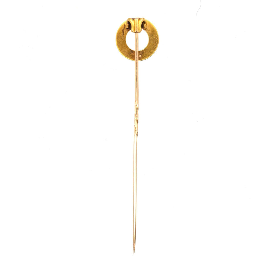Victorian 18ct gold tie pin featuring a coral and natural pearl design, inspired by horse racing winning posts.
