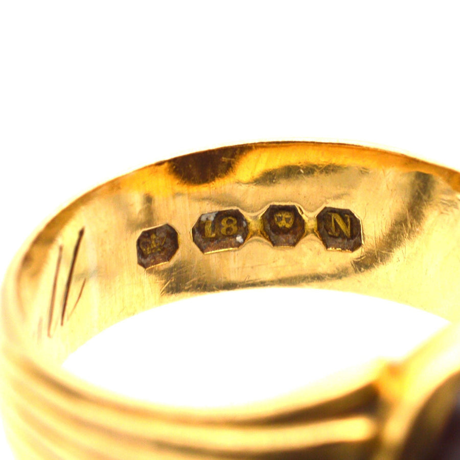 Interior engraving of Victorian 18ct gold signet ring showing hallmarks and size N.