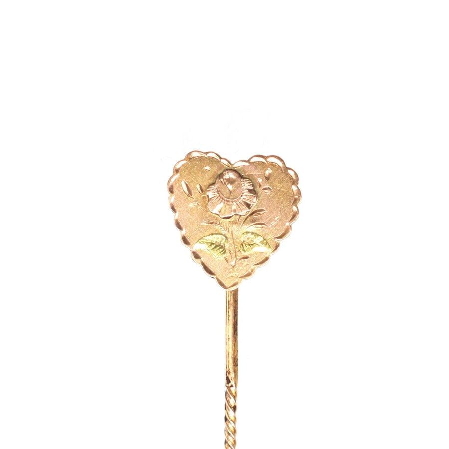 Victorian 9ct gold tie pin featuring a heart with rose motif, showcasing two colour gold overlay craftsmanship.