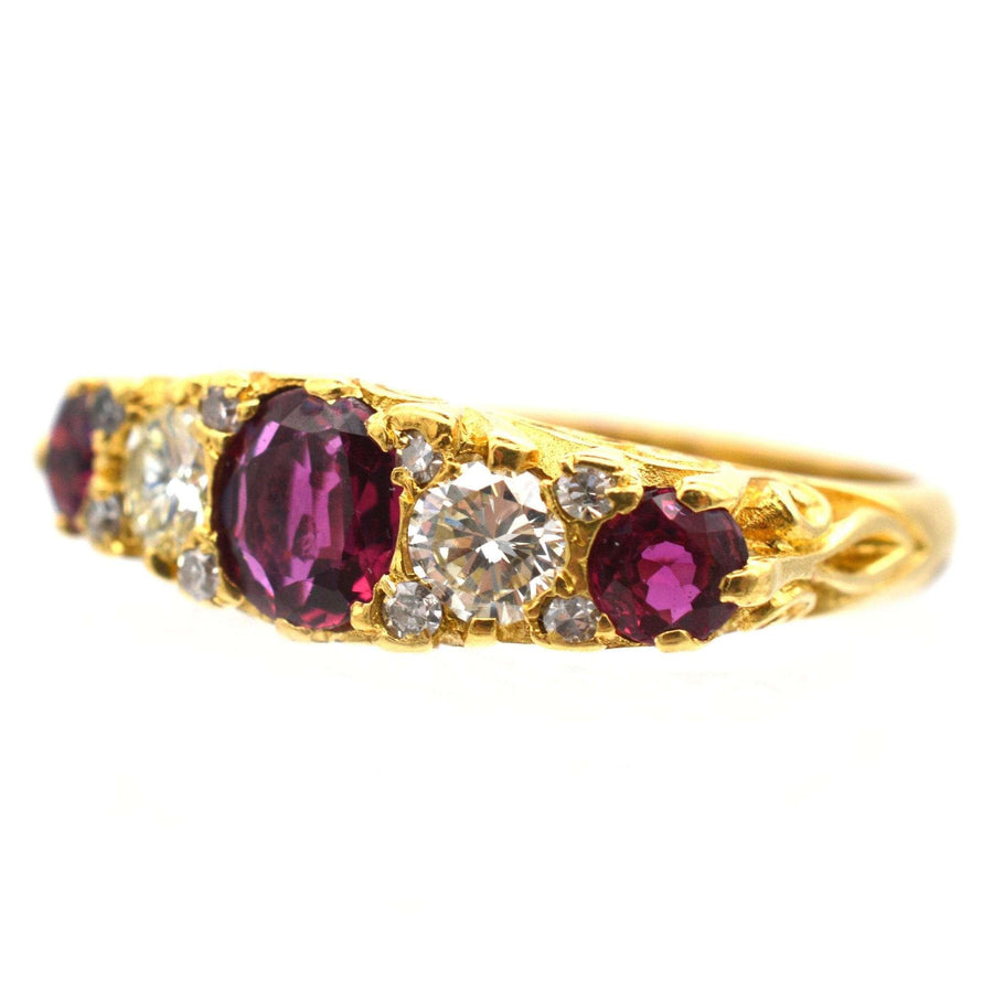 Victorian-style 1970s 18ct gold ring with rubies and diamonds, showcasing elegant craftsmanship and rich gemstone hues.