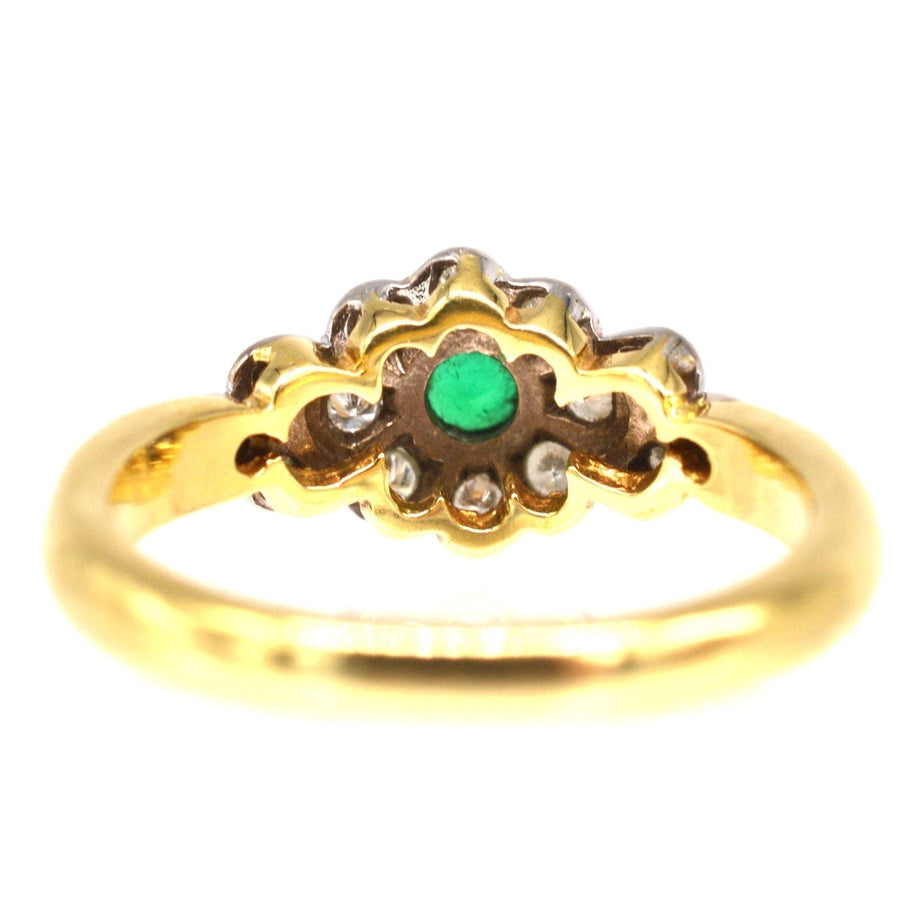 Vintage 18ct gold emerald and diamond cluster ring with diamond shoulders, perfect for engagement or May birthdays.