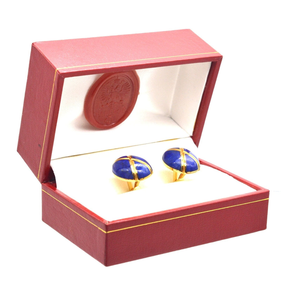 Vintage 18ct gold Lapis Lazuli cufflinks by Faberge Paris in original red case.