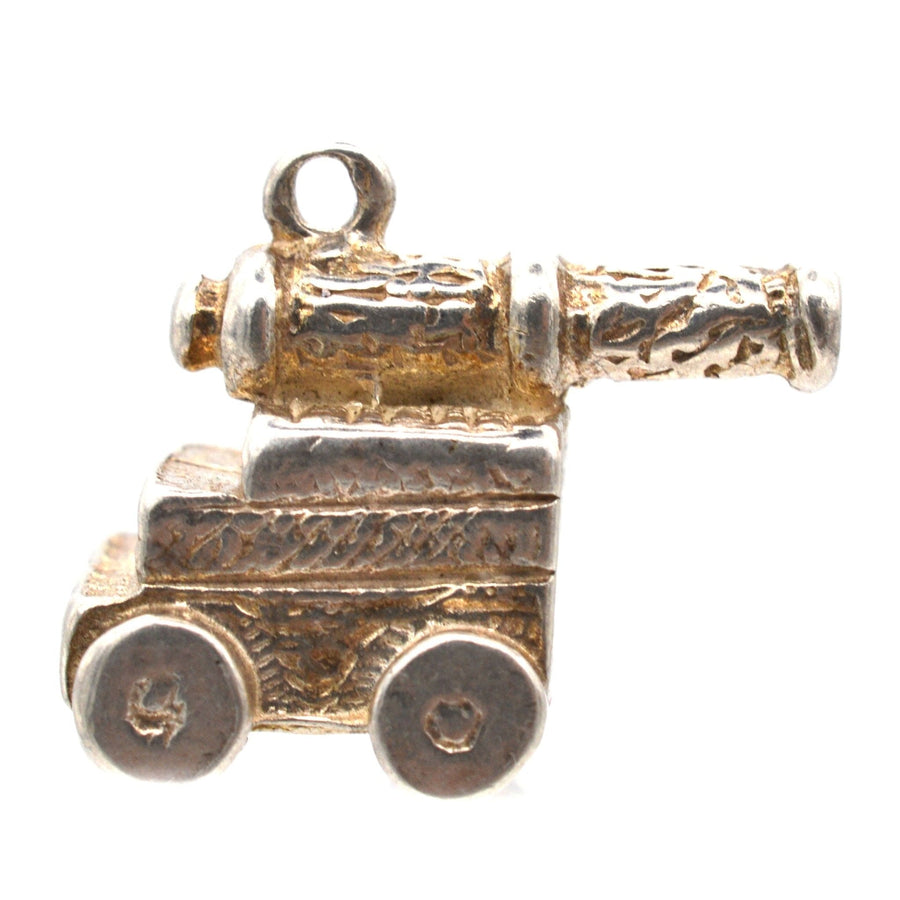 Vintage silver cannon charm pendant from the 1970s, perfect for Arsenal fans or lovers of pirate battles.
