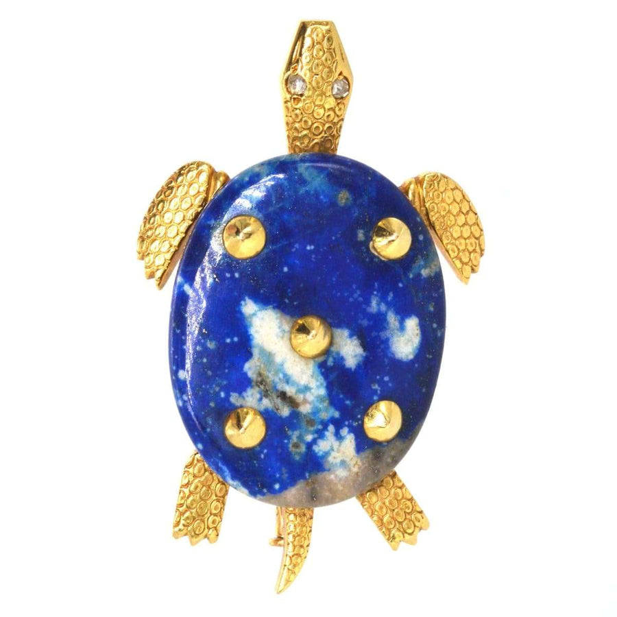 1950er Cartier Paris Schildkrötenbrosche aus 18 Karat Gold und Lapislazuli mit Diamantaugen und konischen Goldspitzen.