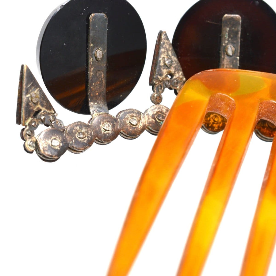 Regency-Diadem aus Onyx und geschliffenem Stahl auf einem Schildpattkamm mit komplizierten Details und schwarzen Akzenten.