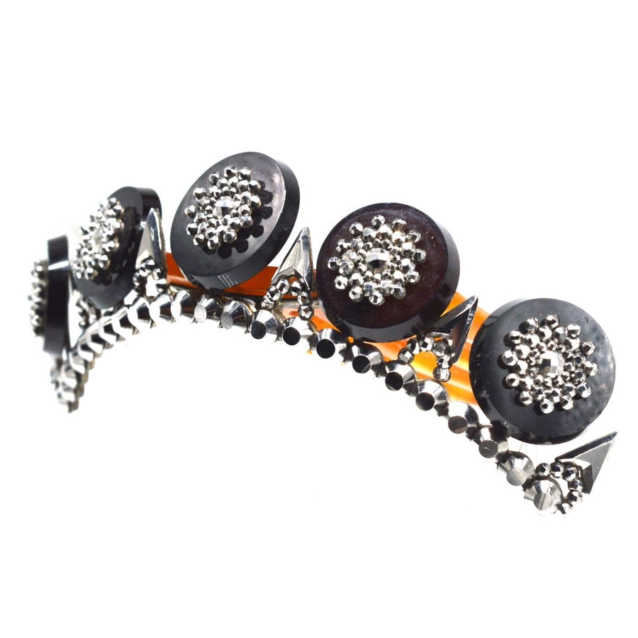 Regency-Diadem aus Onyx und geschliffenem Stahl auf einem Schildpattkamm mit komplizierten Details und rundem Design.