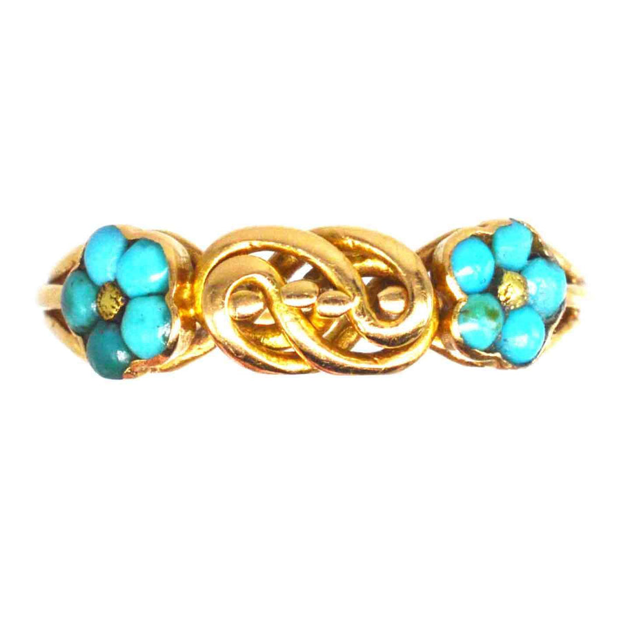 Regency-Ring aus 18 Karat Gold mit Vergissmeinnicht-Blüten aus Türkis und doppeltem Liebesknoten.