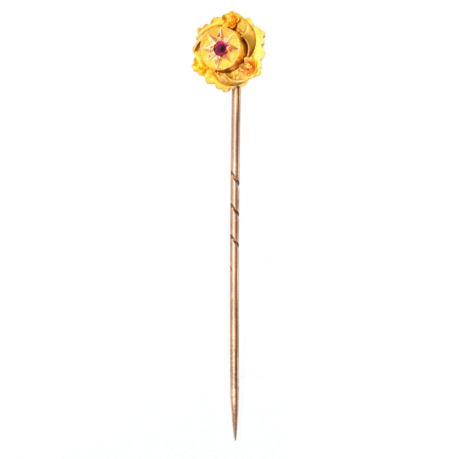 Viktorianische 15ct Gold Ruby Star Krawattennadel mit floralen Details