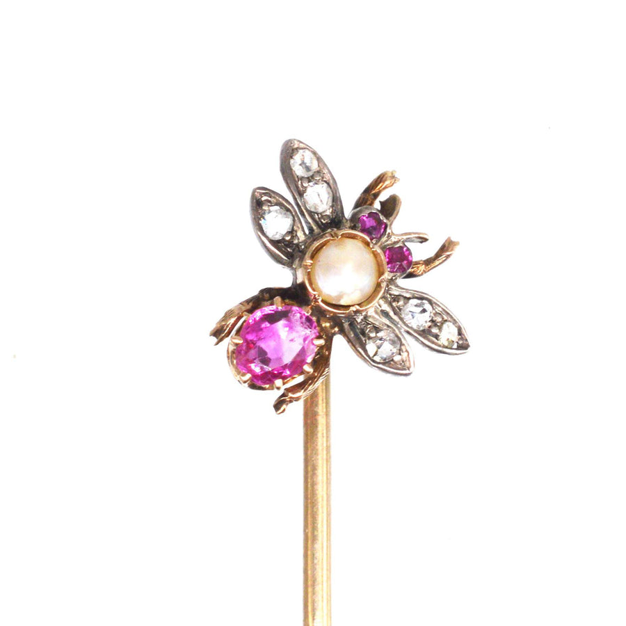 Viktorianische Silber & 18ct Gold rosa Saphir, Perle & Diamant Insekt Krawattennadel