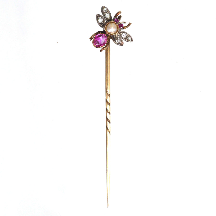 Viktorianische Silber & 18ct Gold rosa Saphir, Perle & Diamant Insekt Krawattennadel