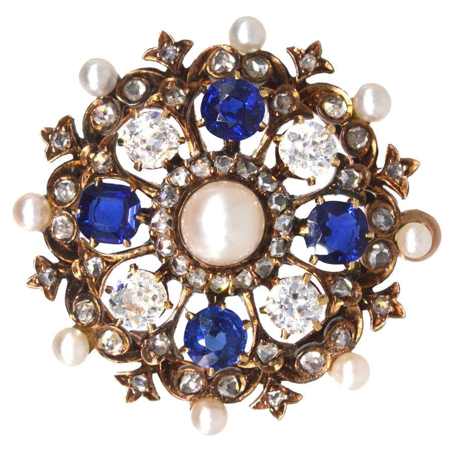 Viktorianische 18ct Gold Diamant, Saphir und natürliche Perle Brosche/Anhänger