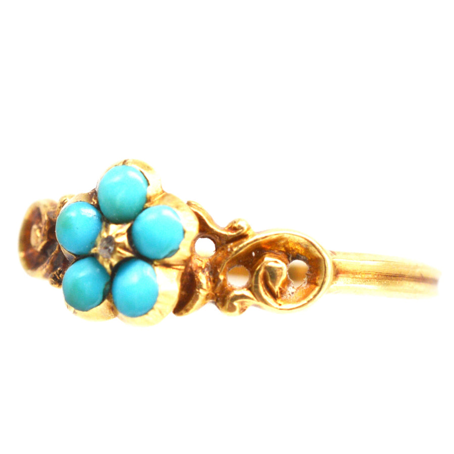 Georgianischer William IV. Ring aus 18 Karat Gold mit einer Vergissmeinnicht-Blume aus Türkis und Diamanten.