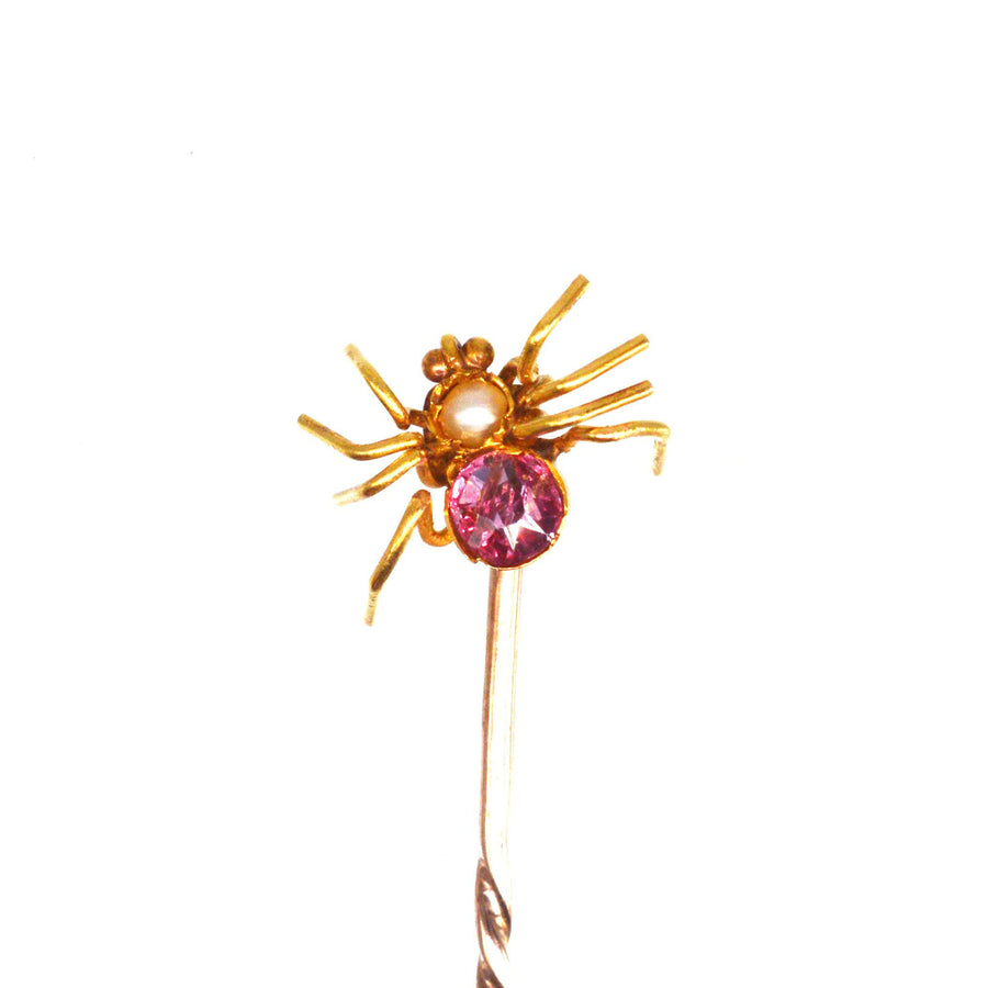 Edwardian 15ct Gold rosa Turmalin und Perle Spinne Krawattennadel