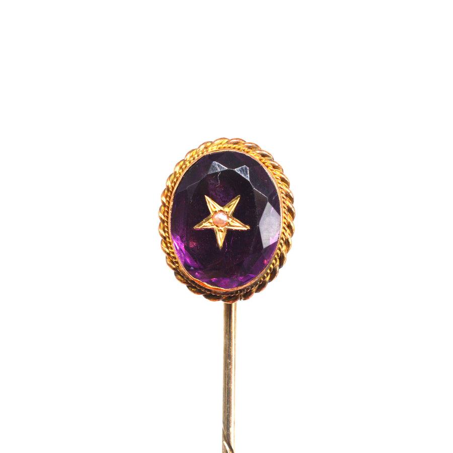 Viktorianische 15ct Gold Amethyst und Perle Stern Krawattennadel