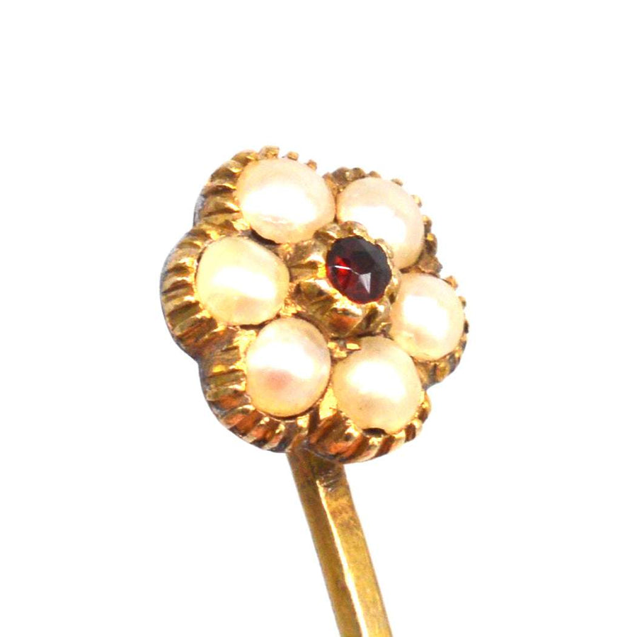Regency 15ct Gold Perle und Granat Cluster Krawattennadel