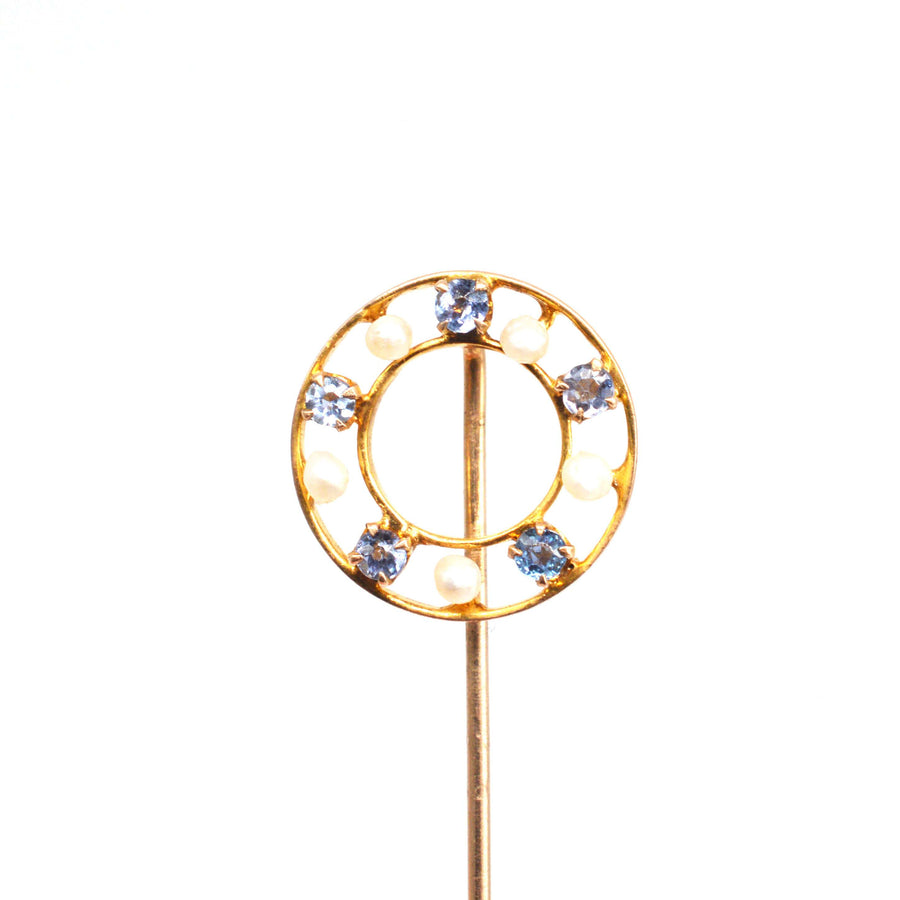 Anfang 20. Jahrhundert 10ct Gold Kornblume Saphir & Seed Pearl Krawattennadel