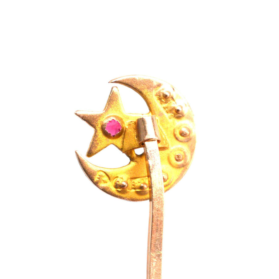 Viktorianische 9ct Gold Stern und Mondsichel Krawattennadel mit Saatperlen und Rubin