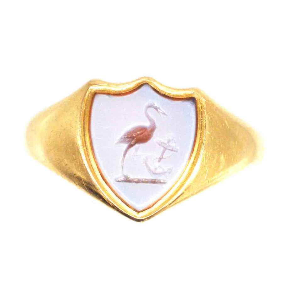 Viktorianischer Siegelring aus 18-karätigem Gold mit Storch und Anker auf Karneol, hergestellt von Deakin & Francis Ltd.