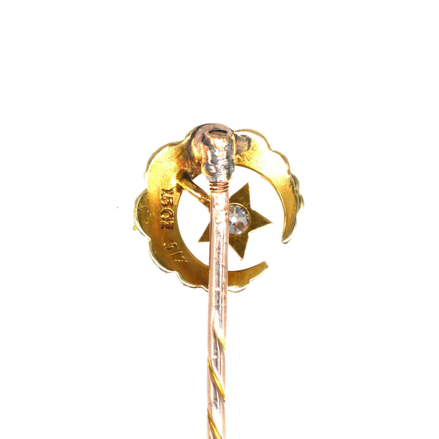 Viktorianische Krawattennadel aus 15 Karat Gold mit Perlen und Diamanten Stern und Mondsichel