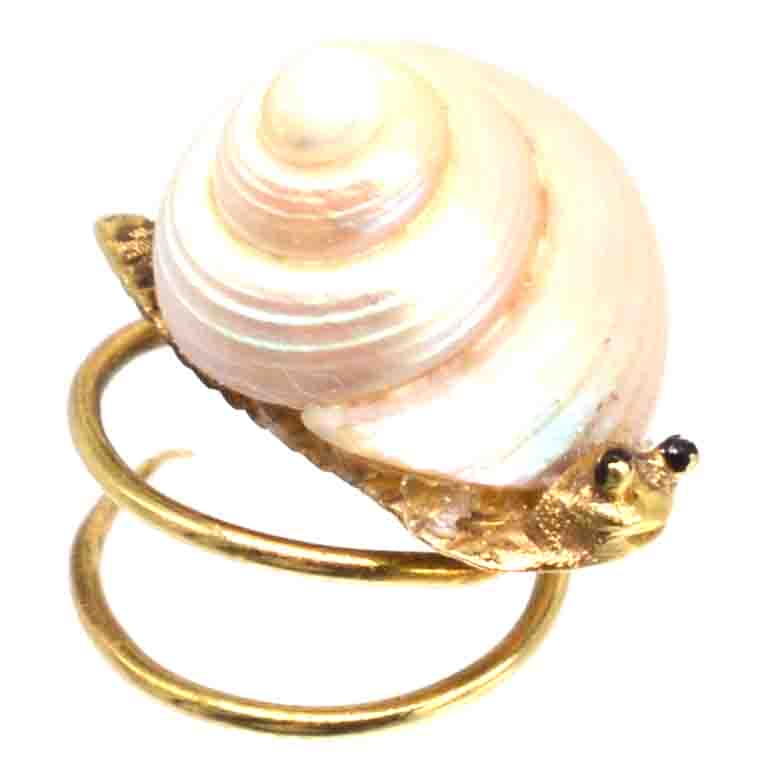 Winzige viktorianische Schneckenbrosche aus 18 Karat Gold mit echter Muschel und schwarzen Emailleaugen.