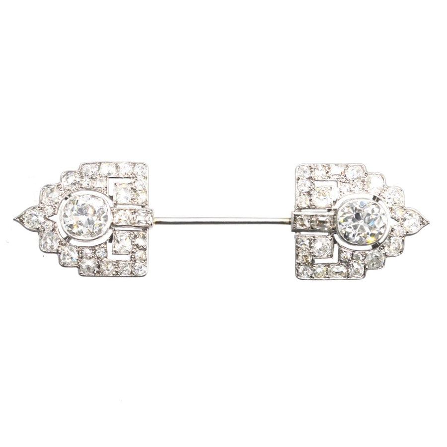Art Deco platinum Jabot brooch featuring 6 carats of old European diamonds, with intricate design and two center stones.