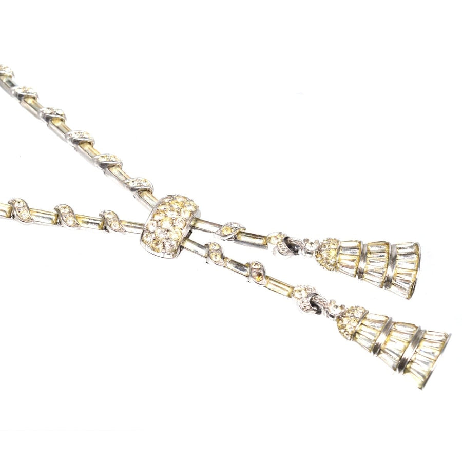Art Deco Negligé-Halskette aus weißem Chrom und Paste mit doppelten Quasten für einen Great Gatsby-Look.