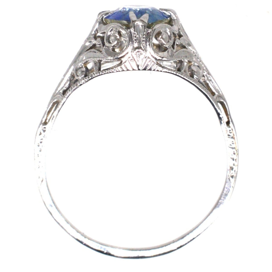 Belle-Époque-Ring aus 18 Karat Weißgold mit einem kornblumenblauen Saphir und einem verschlungenen Blattwerk.