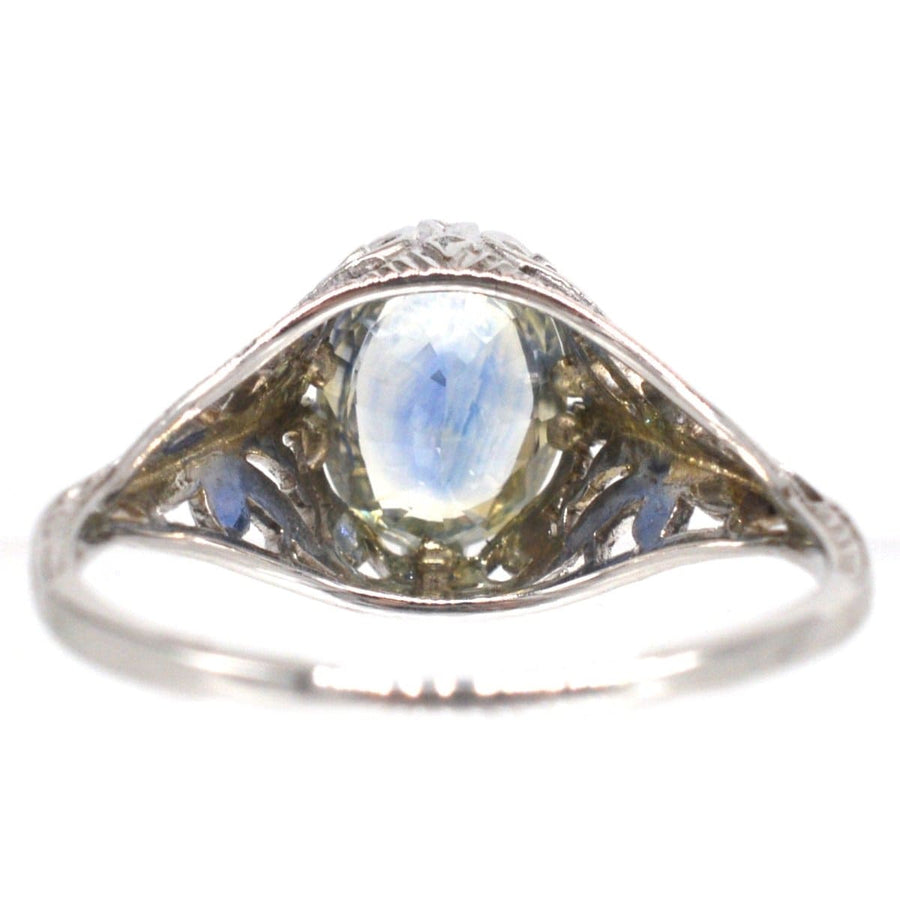 Belle-Époque-Ring aus 18 Karat Weißgold mit kornblumenblauem Saphir und verschlungenem Blattmuster.