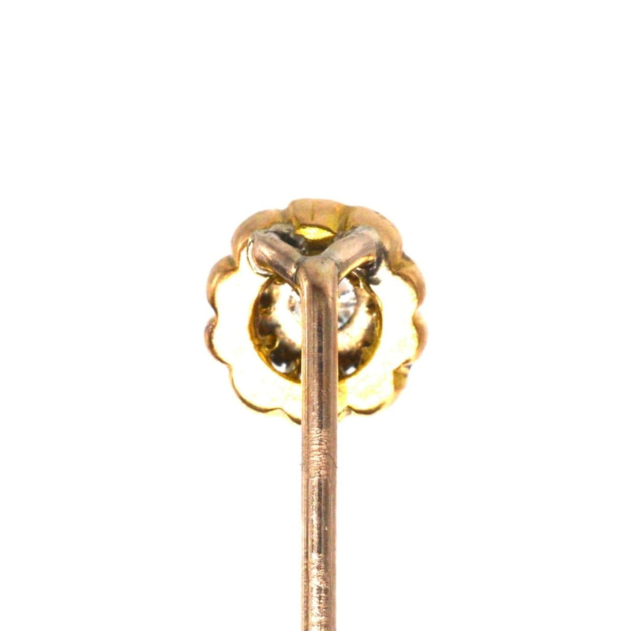 Edwardian 15ct gold and platinum tie pin showing claw setting and diamond, perfect for weddings and formal events.