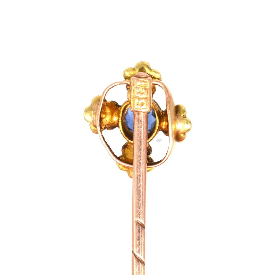 Edwardian 15ct Gold Saphir und Perle Krawattennadel | Parkin und Gerrish | Antique & Vintage Jewellery
