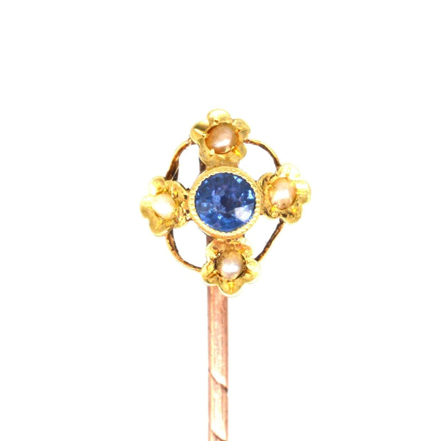 Edwardian 15ct Gold Saphir und Perle Krawattennadel | Parkin und Gerrish | Antique & Vintage Jewellery