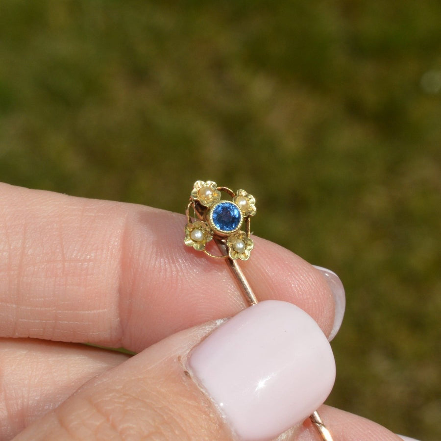 Edwardian 15ct Gold Saphir und Perle Krawattennadel | Parkin und Gerrish | Antique & Vintage Jewellery