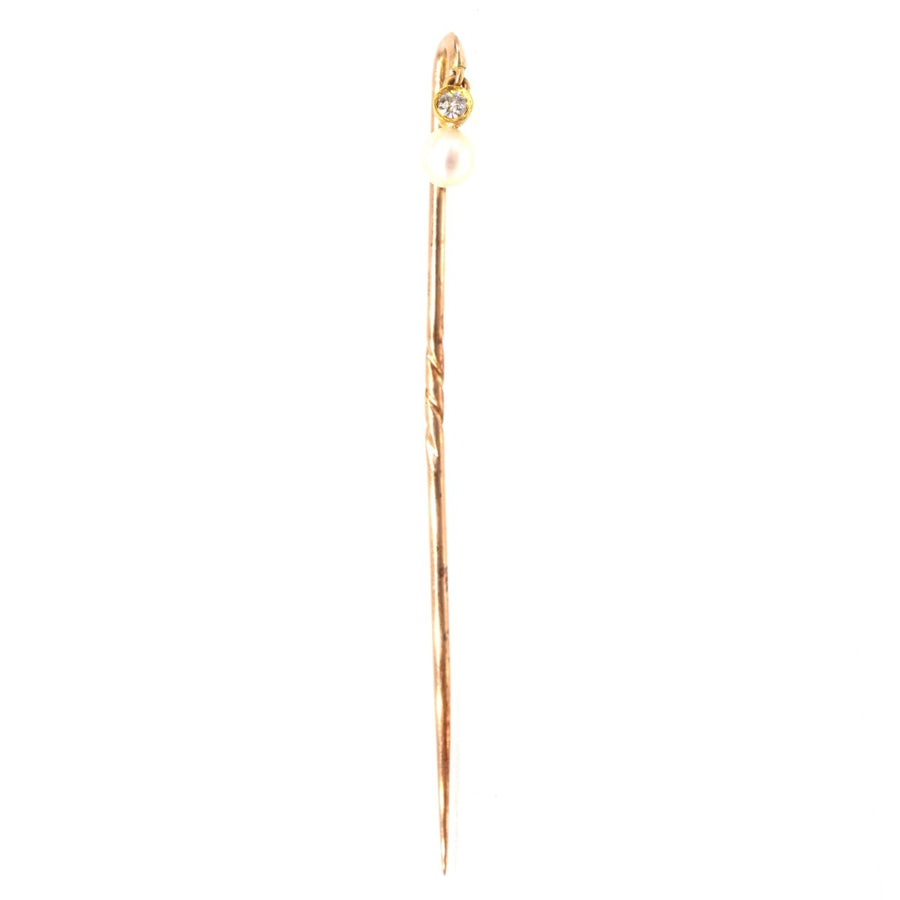 Edwardian 18ct Gold baumelnden Diamant und Perle Krawattennadel | Parkin und Gerrish | Antike & Vintage-Schmuck