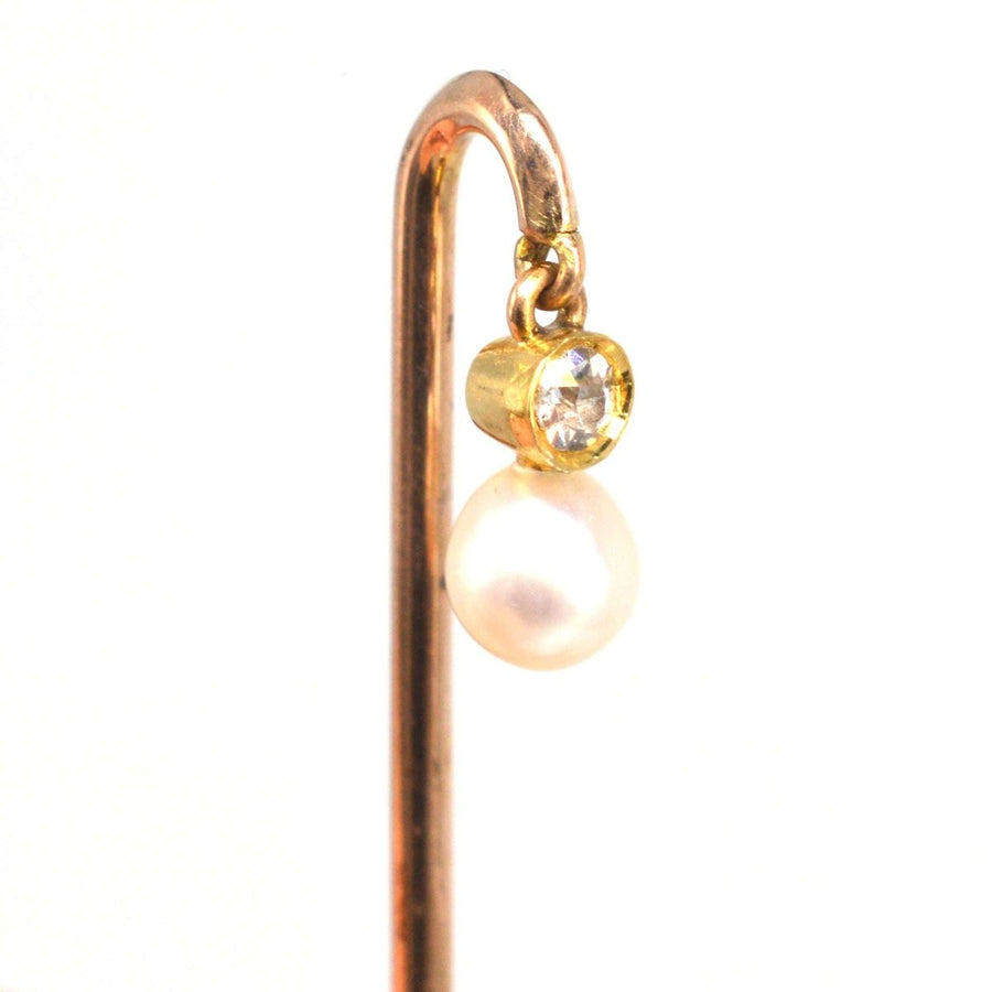 Edwardian 18ct Gold baumelnden Diamant und Perle Krawattennadel | Parkin und Gerrish | Antike & Vintage-Schmuck