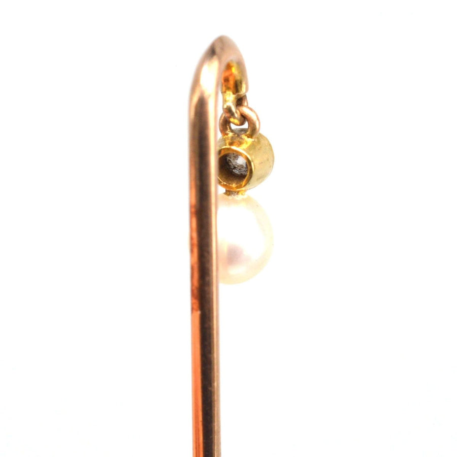 Edwardian 18ct Gold baumelnden Diamant und Perle Krawattennadel | Parkin und Gerrish | Antike & Vintage-Schmuck