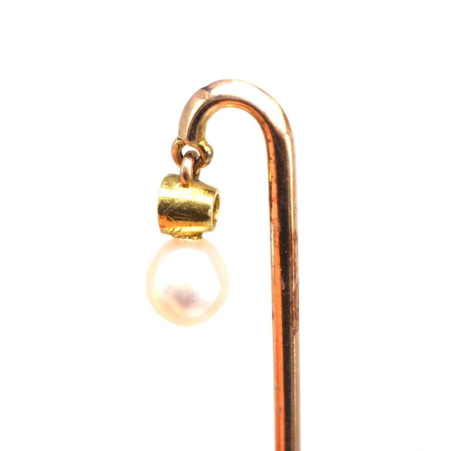 Edwardian 18ct Gold baumelnden Diamant und Perle Krawattennadel | Parkin und Gerrish | Antike & Vintage-Schmuck
