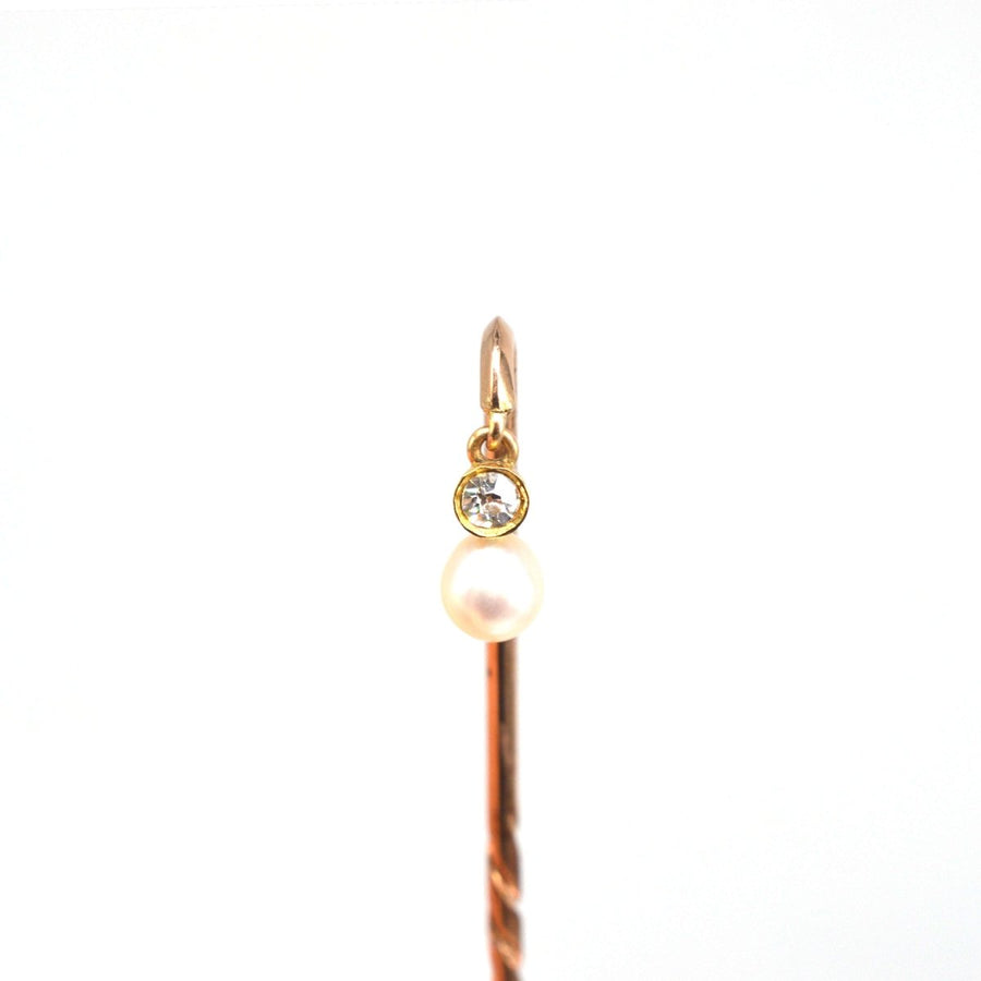 Edwardian 18ct Gold baumelnden Diamant und Perle Krawattennadel | Parkin und Gerrish | Antike & Vintage-Schmuck
